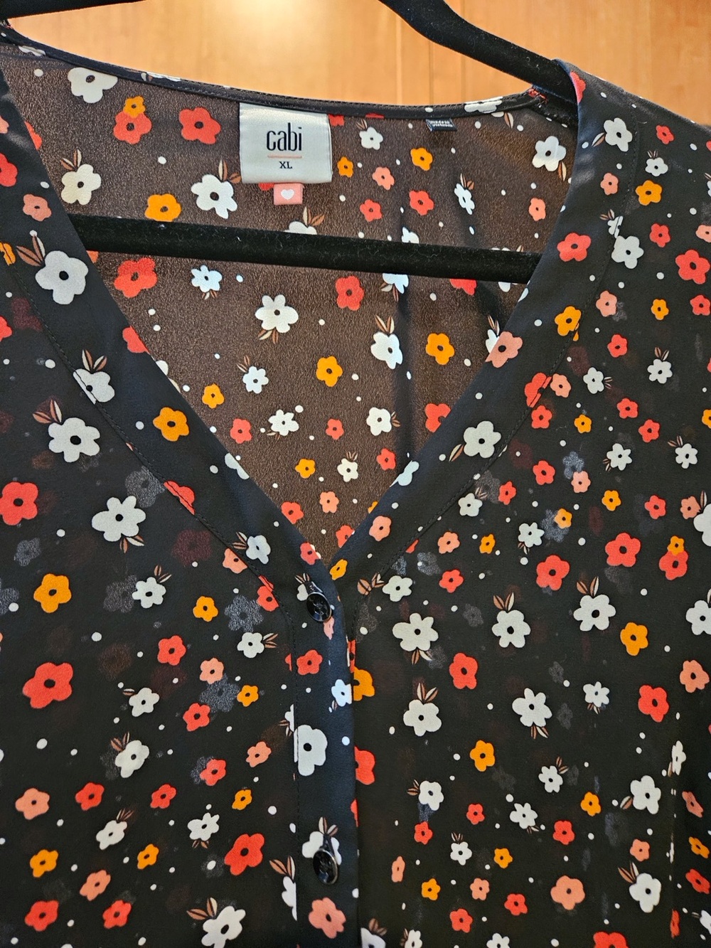 CAbi Black Button-Front Blouse with White, Coral & Yellow Floral Print